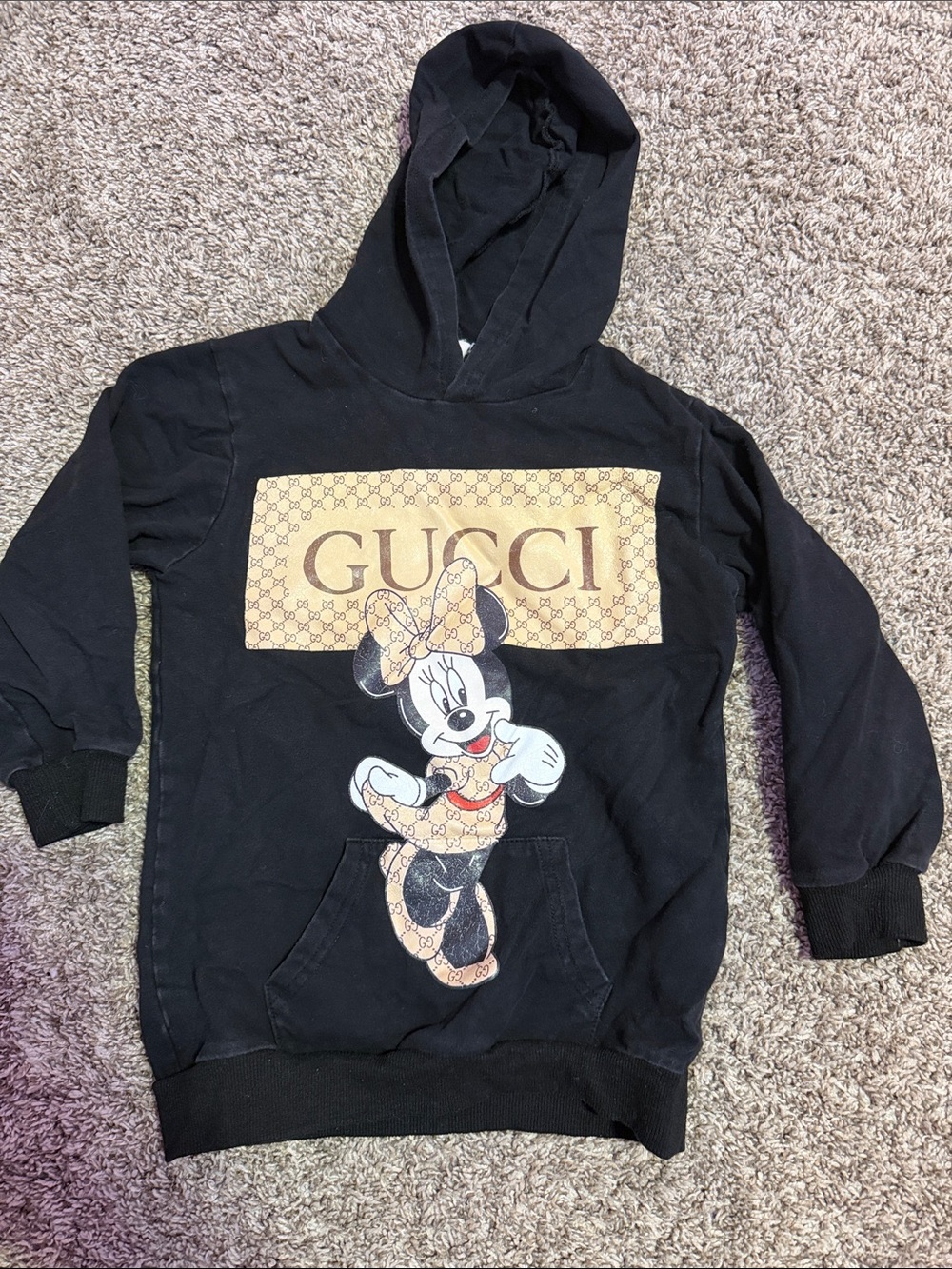 Gucci Black Kids Hoodie with Beige Logo Panel and Character Print
